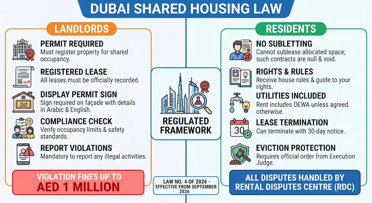 An infographic titled "DUBAI SHARED HOUSING LAW" summarizing Law No. 4 of 2026, which outlines separate responsibilities for landlords and residents, details fines up to AED 1 million, and designates the Rental Disputes Centre for conflict resolution.